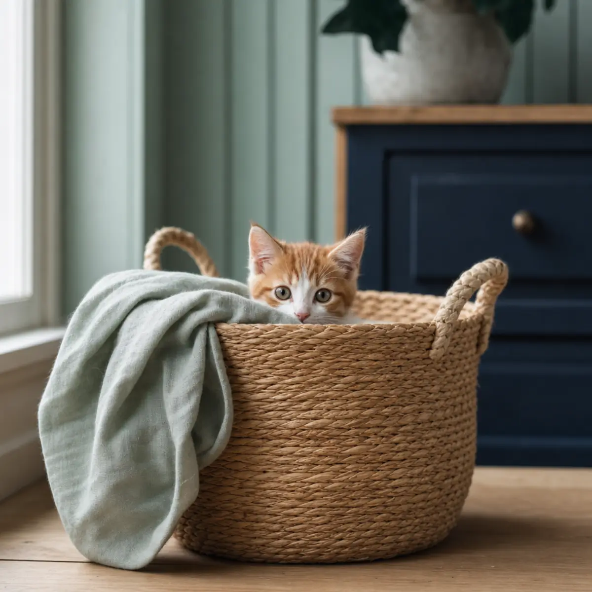 Kattunge i flätad korg