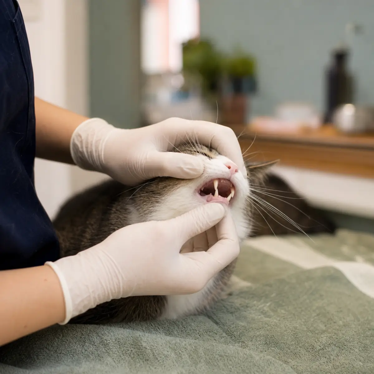 Veterinär undersöker kattens tänder vid tandresorption-utredning