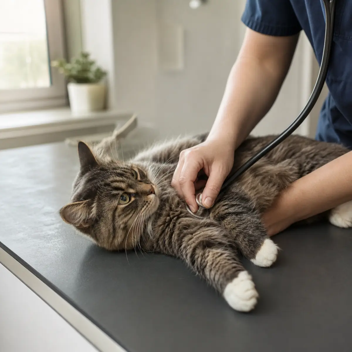 Veterinärkardiolog utför ekokardiografi på katt vid HCM-utredning