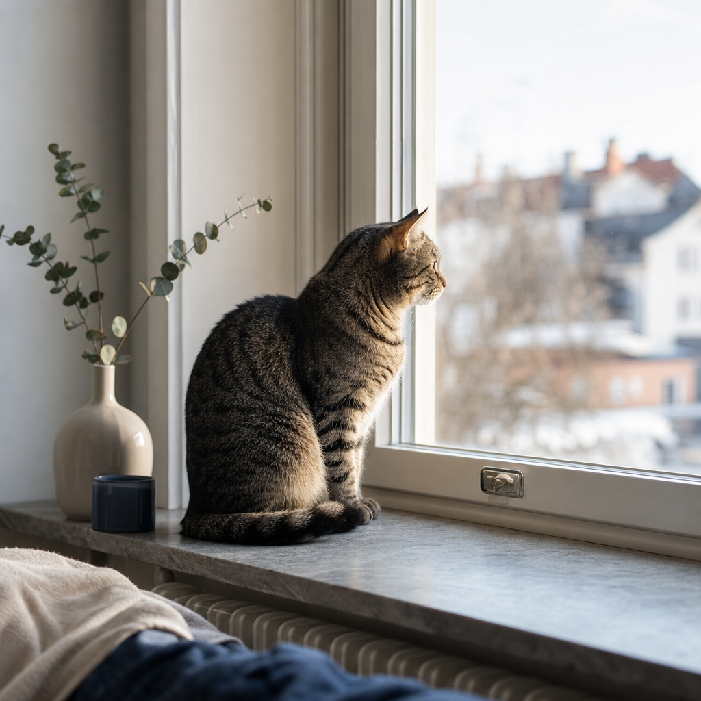 Innekatt vid fönsterbräda med utsikt över lägenhet