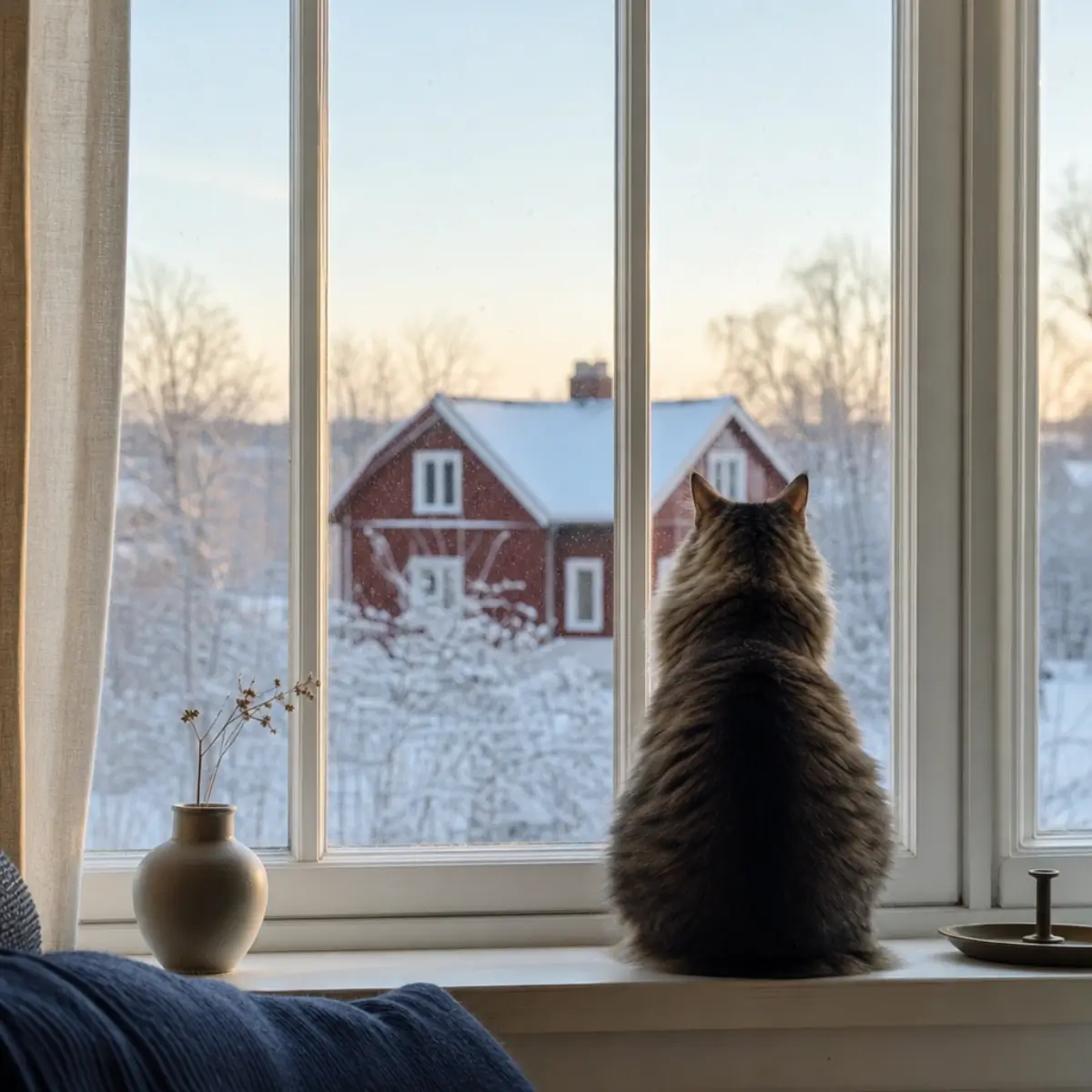 Länsförsäkringar kattförsäkring — katt på fönsterbräda med svensk natur i bakgrunden