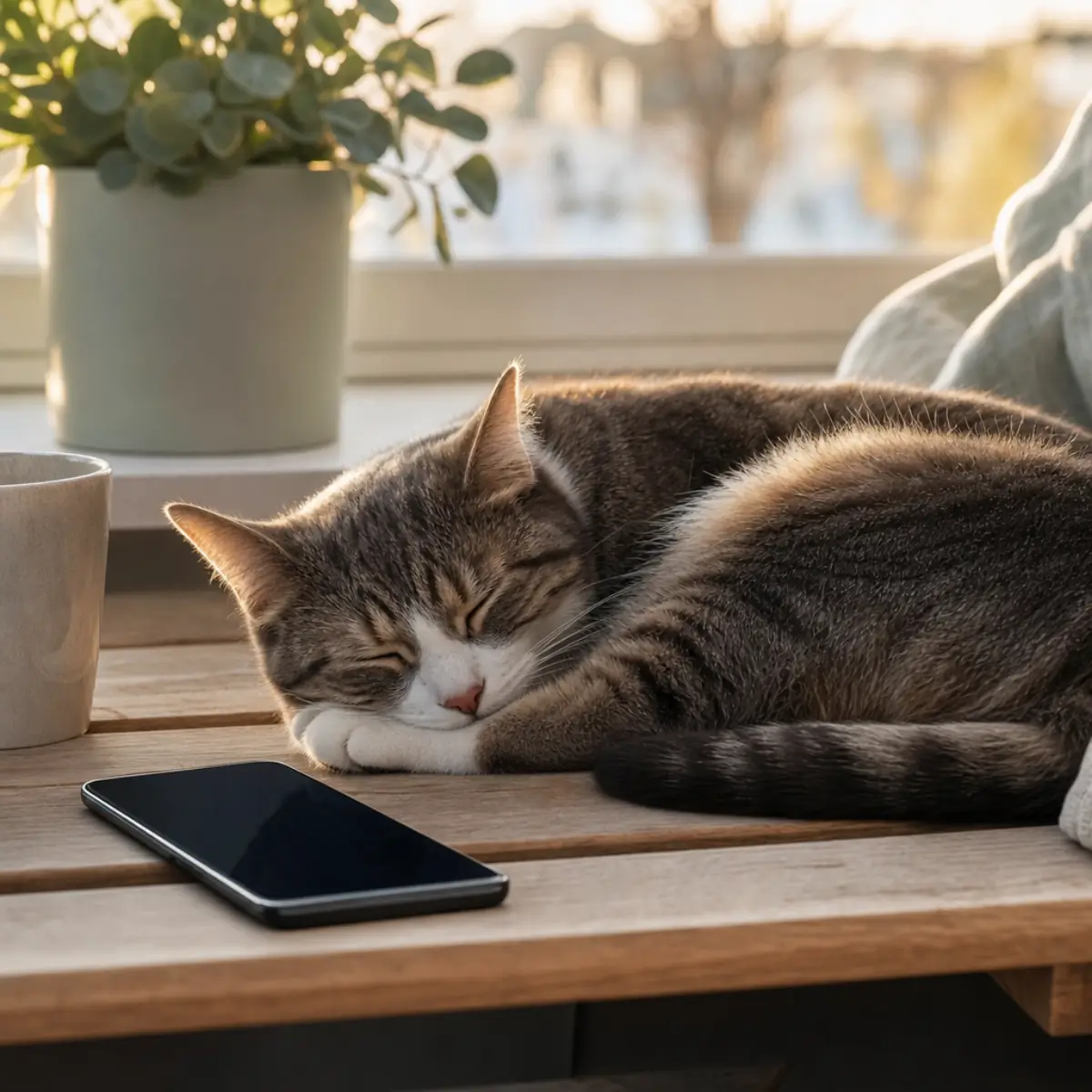Svensk lägenhet med innekatt och mobiltelefon med försäkringsapp